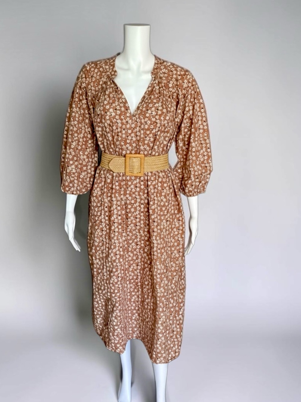 Apiece Apart Floral Midi Dress Puff Sleeve V Neck Relaxed Clay S